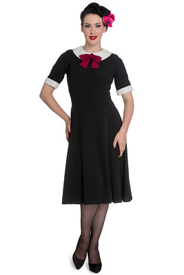 Hell Bunny Prep-school Style Black Short Sleeve Burgundy Bow Tie Dress 