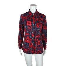 Vintage 70s Button Down Shirt Women's M Red Blue Bandana Print Top Dagger Collar