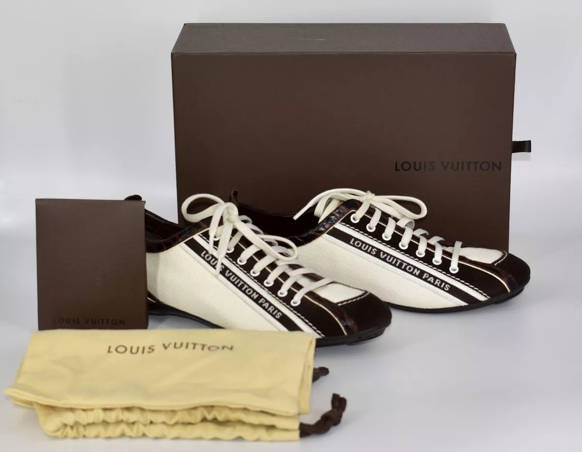 Auth LOUIS VUITTON Brown Croc & Suede Trim Ivory Canvas Sneaker Shoes Size  36.5