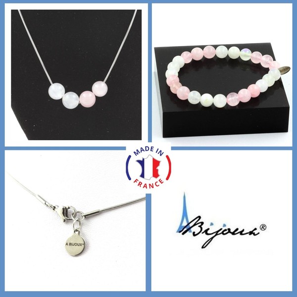 Schmuckset Armband Halskette 4 Perlen Rosenquarz + Mondstein 8 GrößE P-image