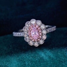 3Ct Oval Cut Lab Created Pink Sapphire Halo Wedding Ring 14K White Gold Plated
