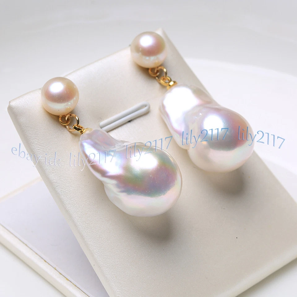 PENDIENTES COLGANTES ORO PERLA BARROCA AGUA DULCE BLANCA NATURAL REAL 15-25 MM Foto 3 de 4