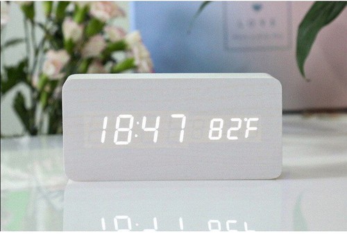 Alarm Clock LED Wooden Digital Table Clock Voice Control USB Wood Desktop Tools - Picture 17 of 20