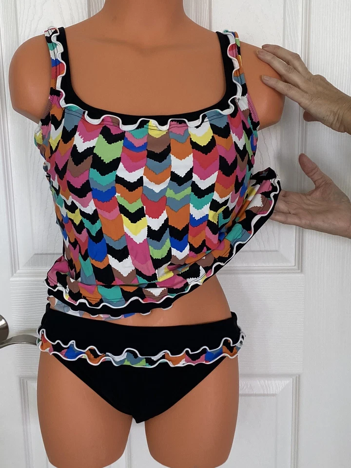 Profile by Gottex Sz 38D Tankini Top Sz 8 or 12 Bikini Bottom Black/Multi NWT - Image 3 of 4
