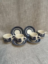 Vintage Set 4 Churchill Blue Willow Coffee Tea Cups and Saucers Made in England