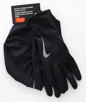 Nike Dri-Fit Women's Running Beanie Hat Glove Set Medium Black/Silver