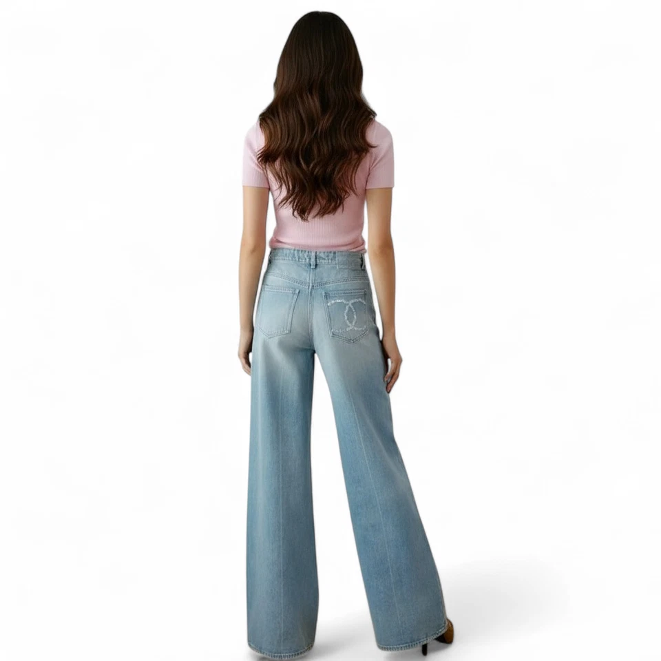 NEW Chanel Printemps 25S CC Sequins Washed Denim Jeans Brode Wide Leg size 38