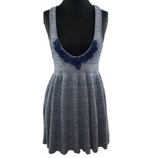 FREE PEOPLE Blue Knit Embroidered Scoop Sleeveless Pleated Fit & Flare Dress L