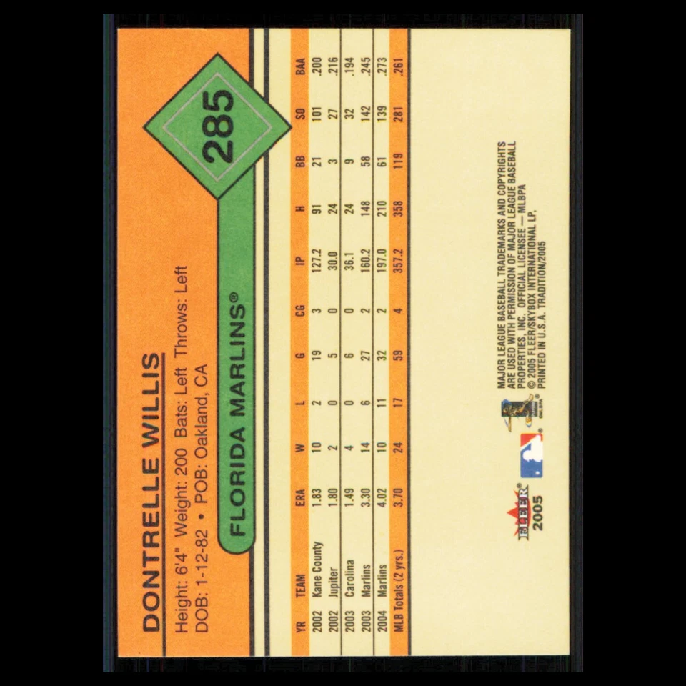 Dontrelle Willis #285 2005 Fleer Tradition Florida Marlins Baseball Card MLB NM - Image 2 of 3