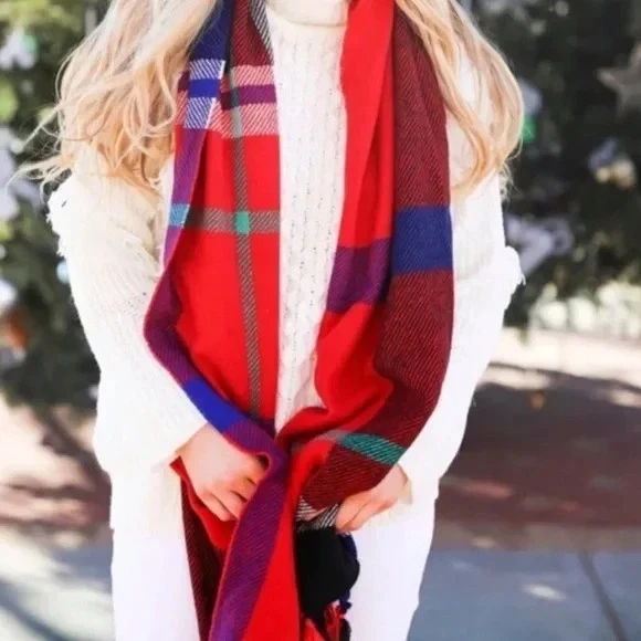 NWT J.Crew Red Tarton Plaid Wool Blend Tassel Scarf 26" x 74" blanket shawl