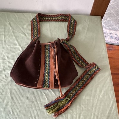 Handcrafted Ecuadorian Suede Large Bucket Bag Boho Tribal Style Woven Faja Strap