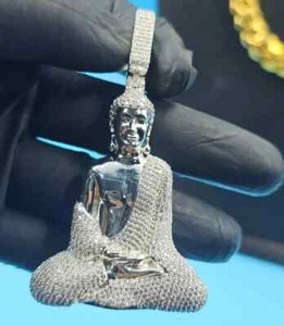 Authentic LORD BUDDHA 3D Pendant 3Ct Round Cut Natural Moissanite 14K White Gold Plated