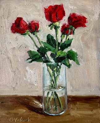 Original Oil Painting Red Roses on Dark Background Handmade Floral