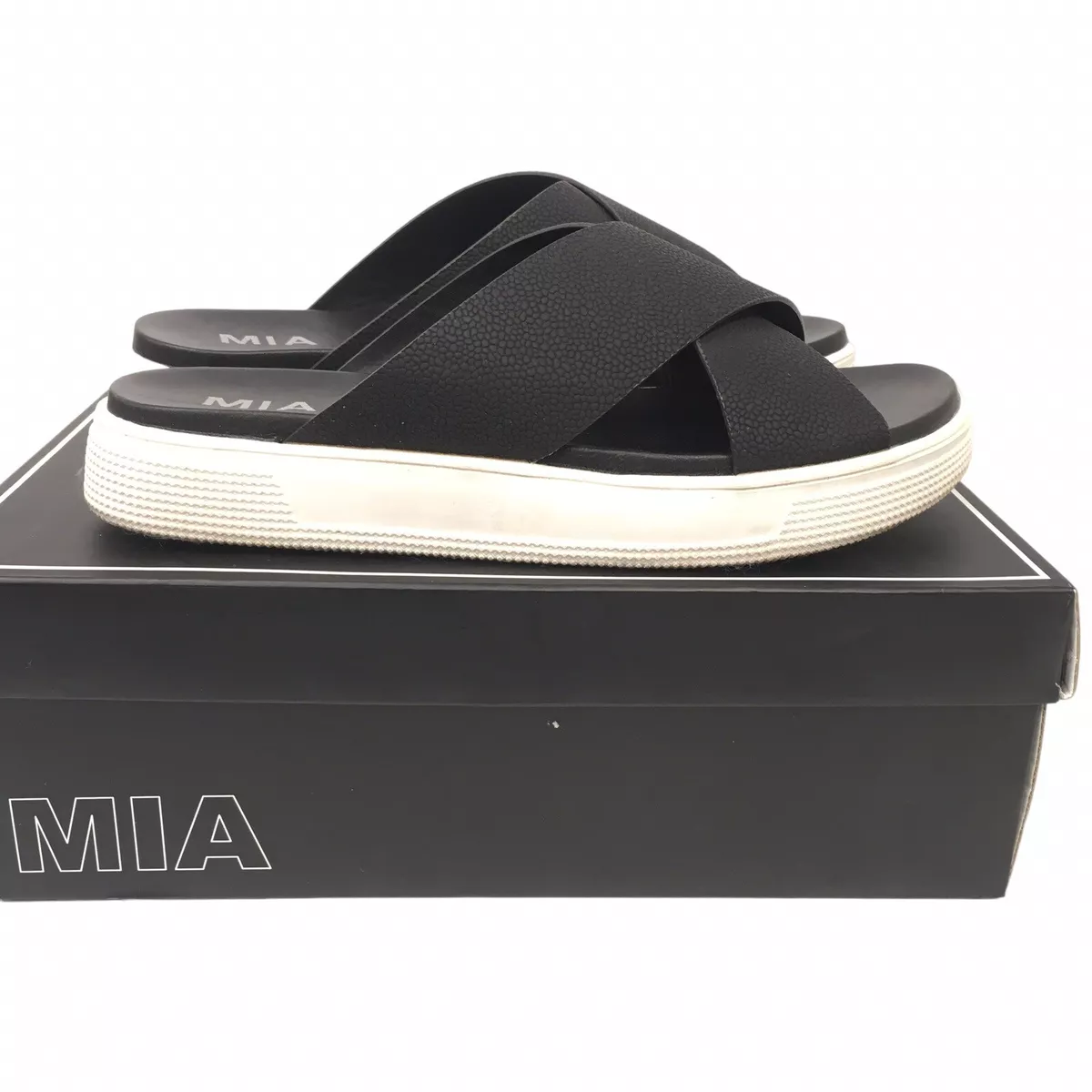 Mia Ivey Platform Slide Sandals Black Criss Cross Straps Women 8.5