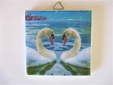 "Swan Heart" Ceramic Tile Wall Hanging. 4 1/4 " square. New. Handmade.