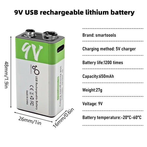 2025 9V 650mAh 5850mWh Battery USB-C charging Rechargeable Lithium ion Batteries - Picture 10 of 19