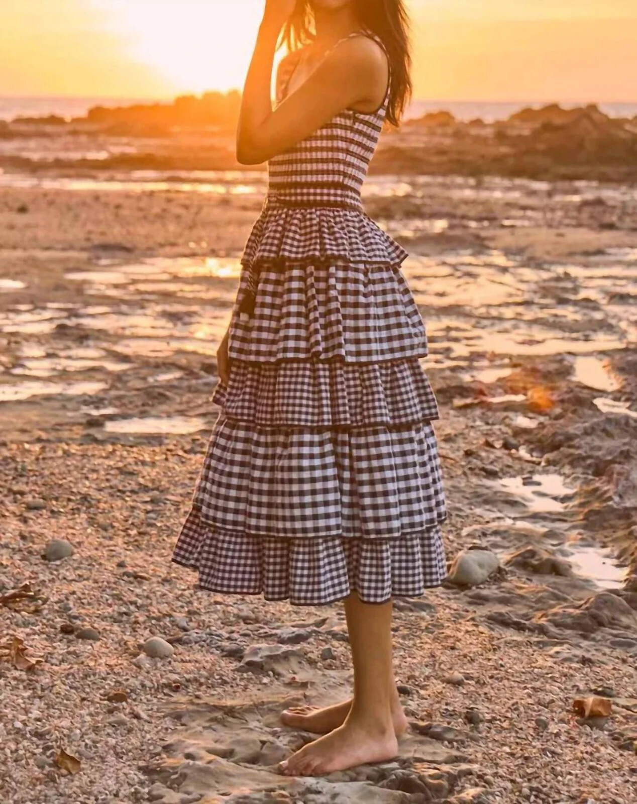 Hunter Bell Andrea Tiered Midi Dress Anthropologie  B&W Plaid Checkered  8 NEW