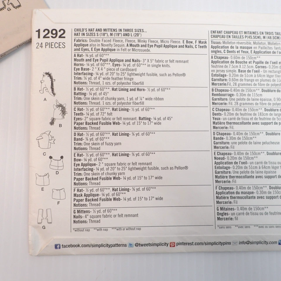 Kids Character Hats & Mittens Sewing Pattern Uncut Simplicity 1292A Sizes S-L - Image 3 of 4