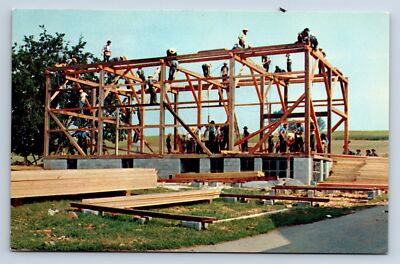 Vintage Postcard Pennsylvania Dutch County Barn Raising Amish Construction C4