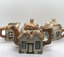 Vintage 3 Piece Tea Set Thatched Cottage Pot, Cream, Sugar