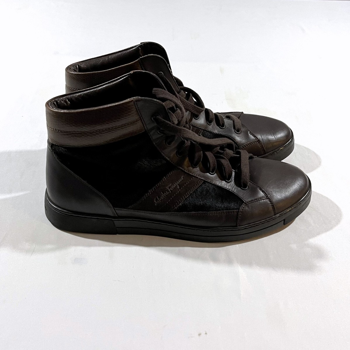 【関税 送料無料】FERRAGAMO ハイカットスニーカー Salvatore Ferragamo Brown Leather Calf Horse Hair High Top