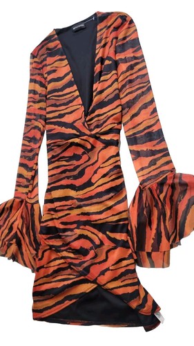 PrettyLittleThing Burnt orange Twist Front Open Sleeves Wrap dress Rust 8 - Picture 4 of 8