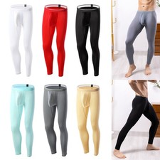 Men Ice Silk Underwear Pants Tights with Pouch Long John Base Layer Bottoms