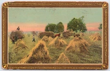 Vintage Harvest Time Farming Scene Postcard with Ornate Frame
