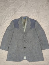 Pendleton Blazer Mens 46L Blue Wool Tweed Western Sport Coat Jacket Suede Yoke