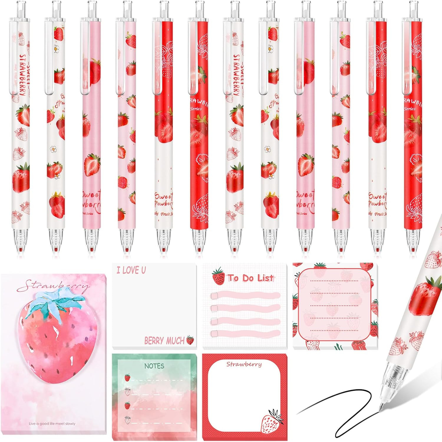 18 Pcs Stationery Set, 12 Aesthetic Pens & 6 Sticky Notes, Valentines Gifts, Bab