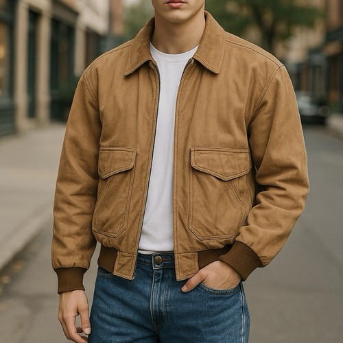 Vintage 90s G-111 Global Identity 100% Suede Jacket Sz.M Tan Aviator Bomber - 第 2/15 張圖片