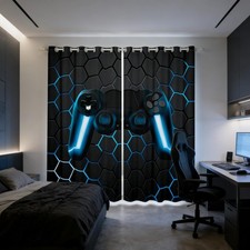 Blue Gaming Blackout Curtains Gamer Curtains for Boys Game Home Decor Gamepad...