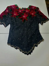 VTG Lawrence Kazar Silk Beaded Sequin Top Size Smal Black Red Poinsettia Holiday
