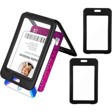 3 Pack Vertical ID Badge Holder with Double-Sided Clear Windows Hard Plastic