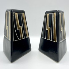 Harris Potteries Art Deco Lightning Motif Black & Gilt Sculptural Candle Holders