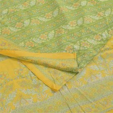 Sanskriti Vintage Sarees Green Pure Crepe Silk Printed Sari 6Yd Craft Fabric