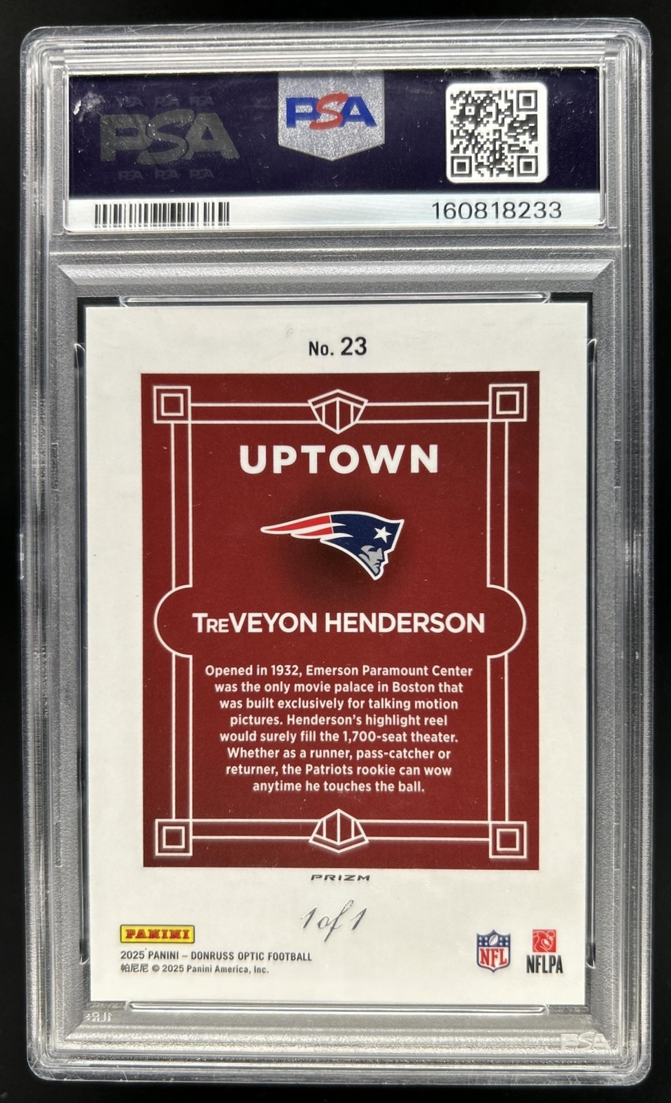 2025 Donruss Optic TreVeyon Henderson Uptown White Sparkle RC SSP #1/1 PSA 9 view 2