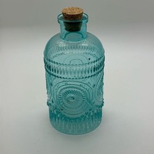EUC Blue Green Glass Carved Decorative Jar with Cork - Boho Shabby Chic Decor