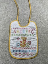 Vintage Hand Embroidered Baby Bib Alphabet Bear Blocks Yellow Trim Nursery Decor