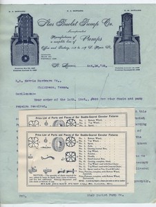 GRAPHIC 1909 LETTERHEAD & PARTS LIST, STAR BUCKET PUMP CO. ST LOUIS MISSOURI