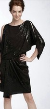 DAVID MEISTER Sequined Jersey Dress Sz 4 Black Ruched Stretch Cocktail Holiday