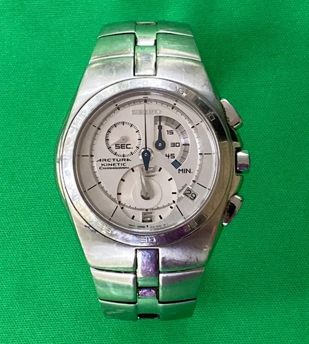 Seiko men's Arctura Kinetic Chronograph Vintage White Dial, Stainless Steel
