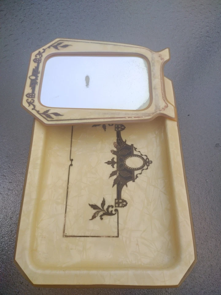 Art Deco Amber Celluloid Pearlescent Valet & Mirror Antique Vanity Set Trinket  - Image 2 of 4