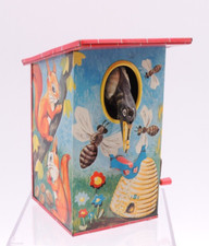  READ Vintage LBZ German Tin Mechanical Bank Bird House Money Crank Toy Bees