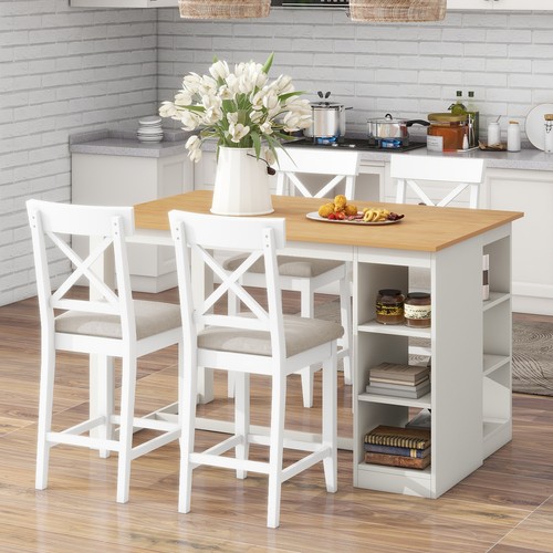 5Piece Dining Table Set Counter Height Dining Table Storage Table 4 Chairs White - Picture 3 of 19