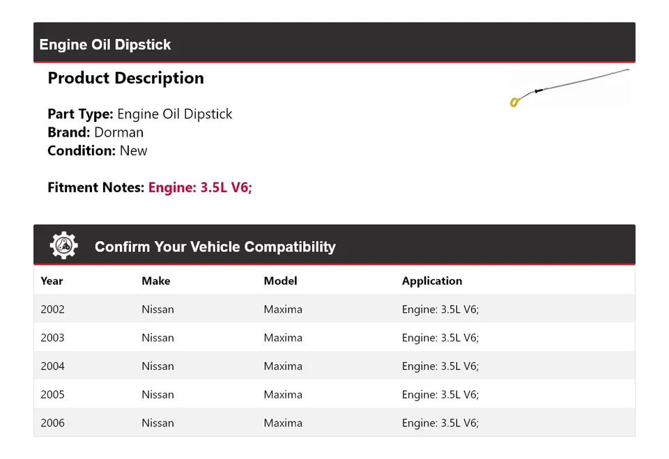 Varilla de medición de aceite de motor para Nissan Máxima 2002-2006 3,5 L V6 Dorman 2003 2004 2005 Foto 2 de 4