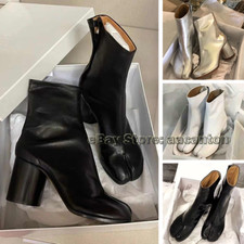 Women's Leather Tabi Ankle Boots Fashion Round Chunky High Heels Split Toe Shoes