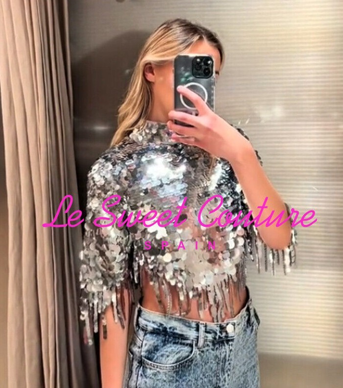 Black BODYSUIT Long Sleeve Body Con Lentejuelas ZARA Mujer