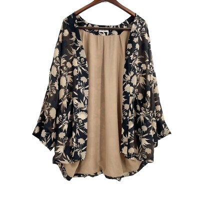 Dress Forum Black Tan Floral Open Front Kimono Womens Size Medium Pockets 