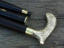 Antique Engraved Designer Wooden Walking Stick Vintage Brass Handle Solid Cane